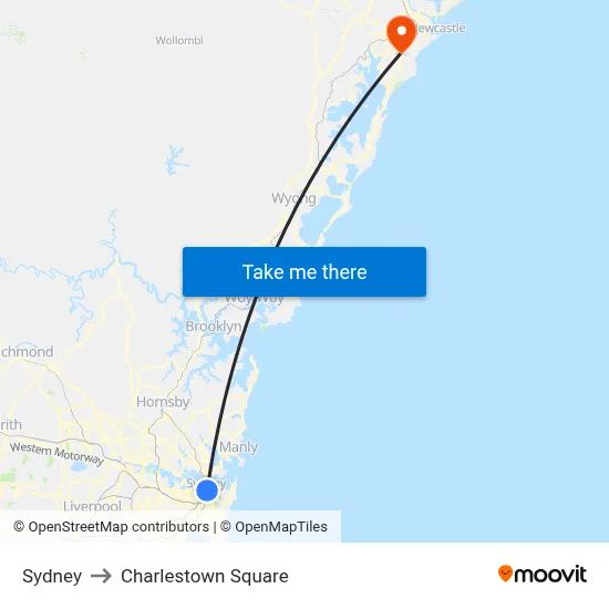 Sydney to Charlestown Square map