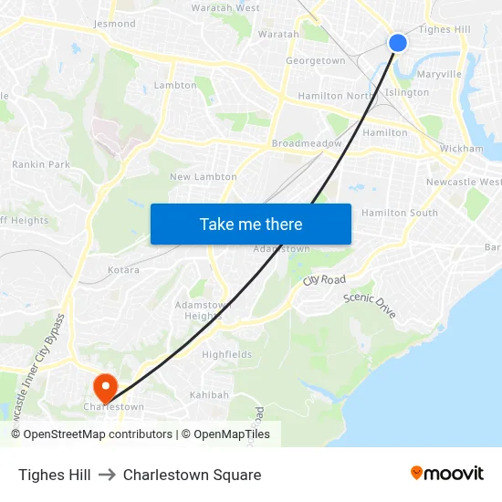Tighes Hill to Charlestown Square map