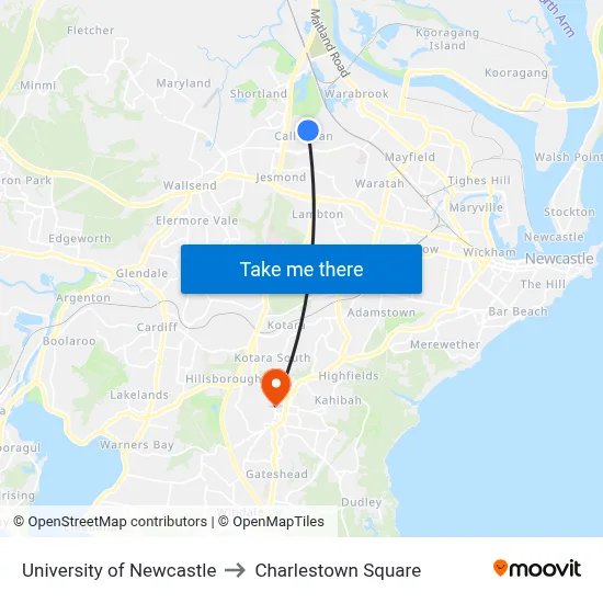 University of Newcastle to Charlestown Square map