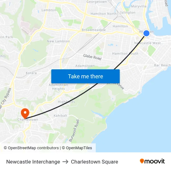 Newcastle Interchange to Charlestown Square map