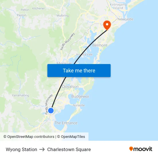 Wyong Station to Charlestown Square map