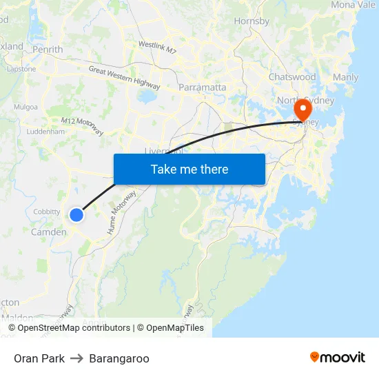 Oran Park to Barangaroo map