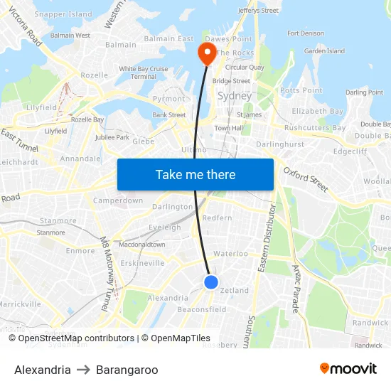 Alexandria to Barangaroo map
