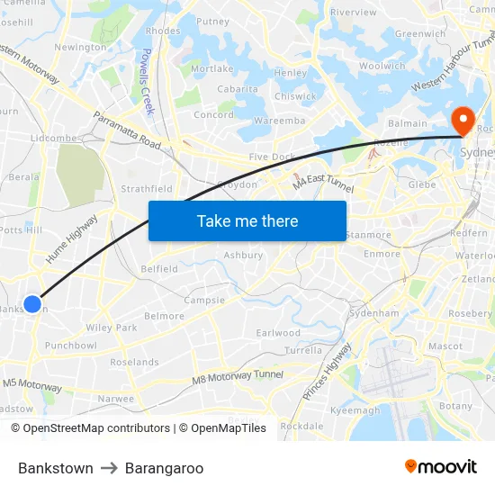 Bankstown to Barangaroo map