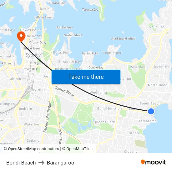 Bondi Beach to Barangaroo map