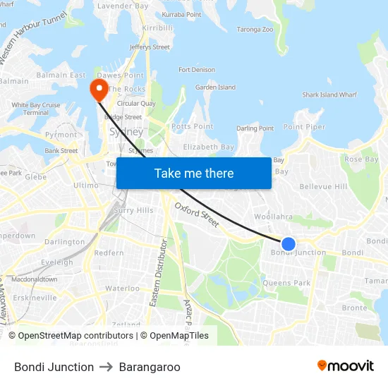 Bondi Junction to Barangaroo map