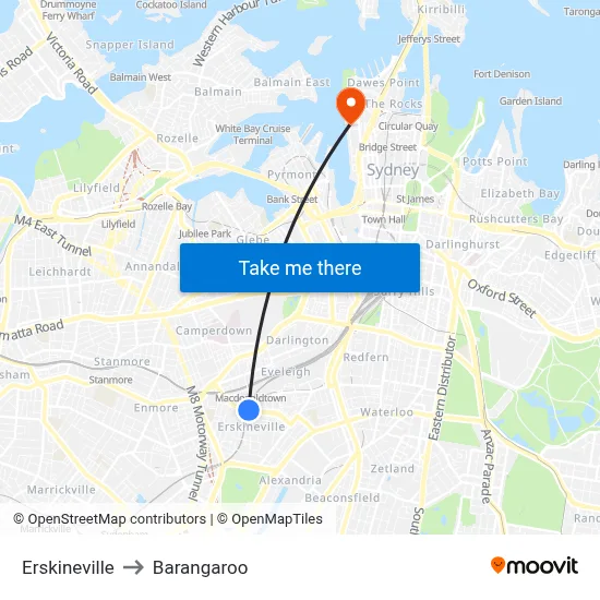 Erskineville to Barangaroo map