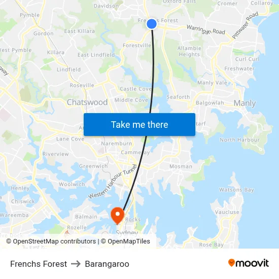 Frenchs Forest to Barangaroo map