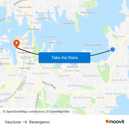 Vaucluse to Barangaroo map