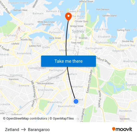 Zetland to Barangaroo map