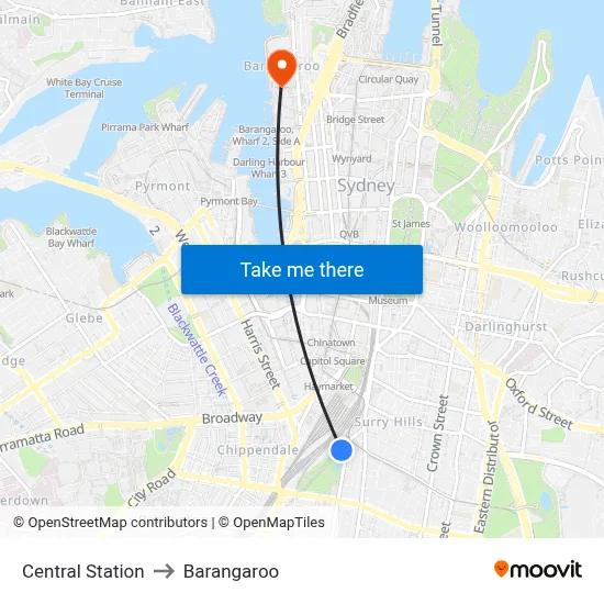 Central Station to Barangaroo map