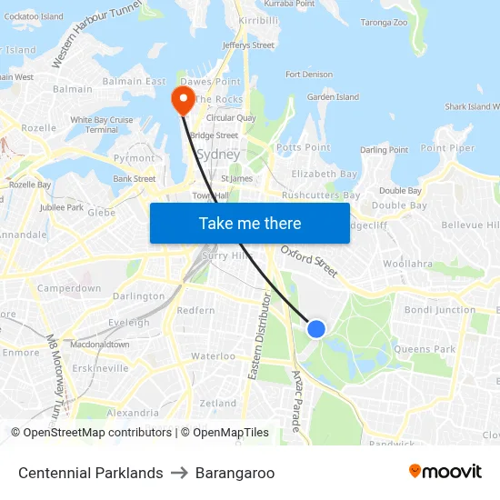 Centennial Parklands to Barangaroo map