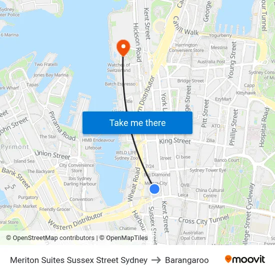 Meriton Suites Sussex Street Sydney to Barangaroo map