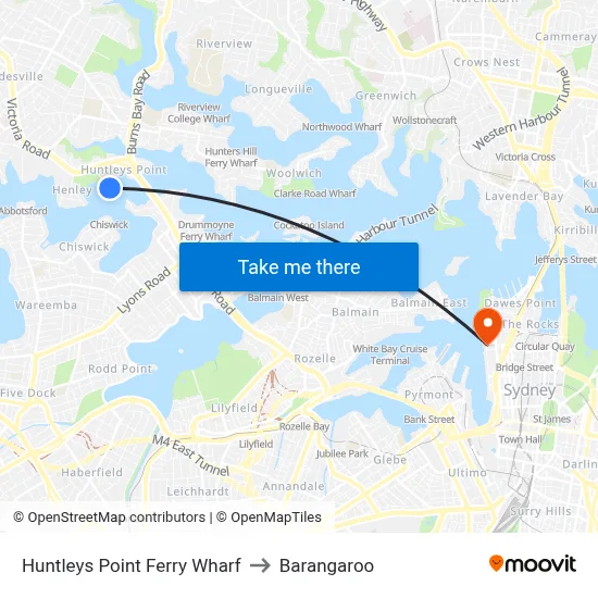 Huntleys Point Ferry Wharf to Barangaroo map