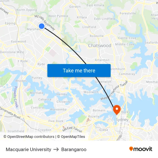 Macquarie University to Barangaroo map