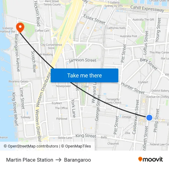 Martin Place Station to Barangaroo map