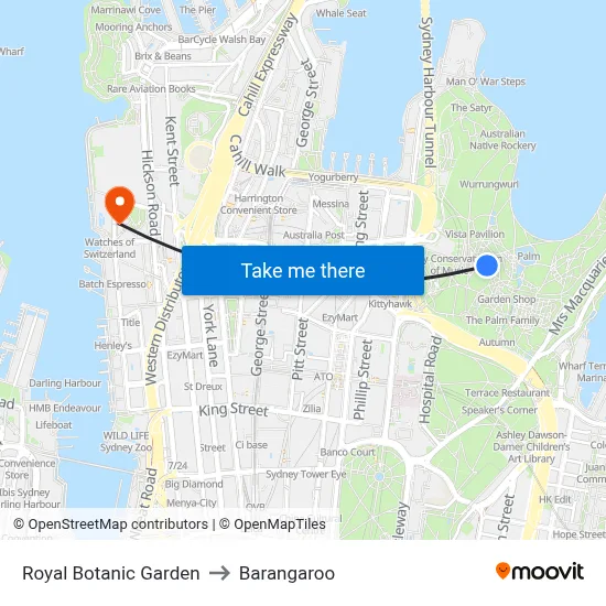 Royal Botanic Garden to Barangaroo map