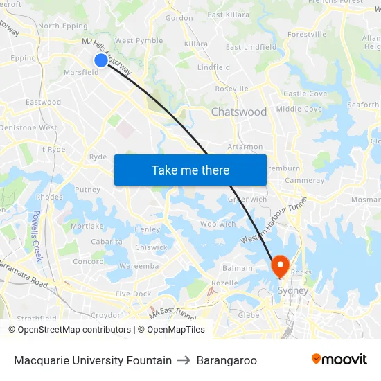 Macquarie University Fountain to Barangaroo map