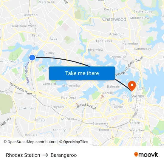 Rhodes Station to Barangaroo map
