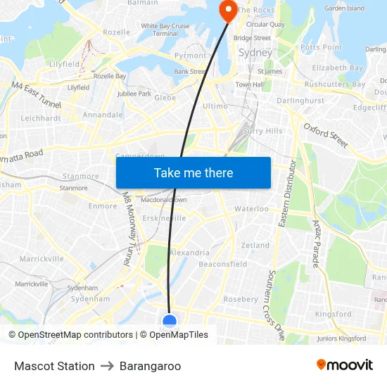 Mascot Station to Barangaroo map