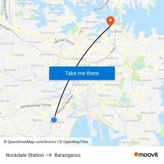 Rockdale Station to Barangaroo map