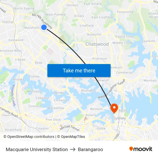 Macquarie University Station to Barangaroo map