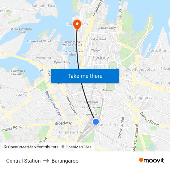 Central Station to Barangaroo map