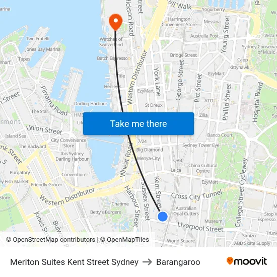Meriton Suites Kent Street Sydney to Barangaroo map
