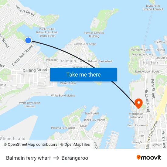 Balmain ferry wharf to Barangaroo map