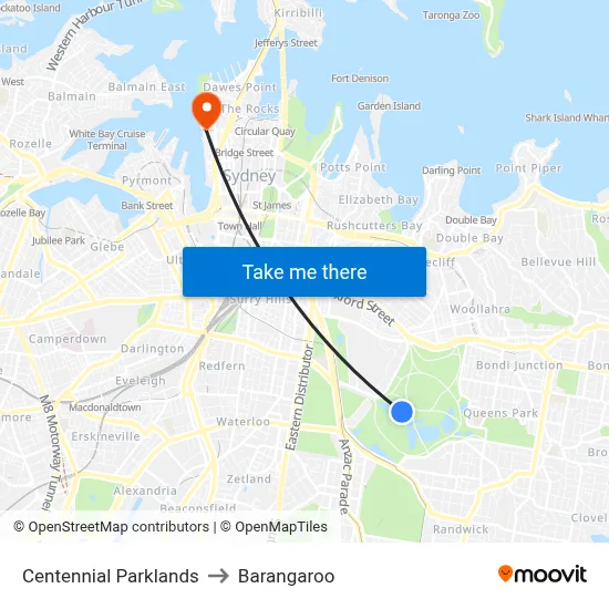 Centennial Parklands to Barangaroo map