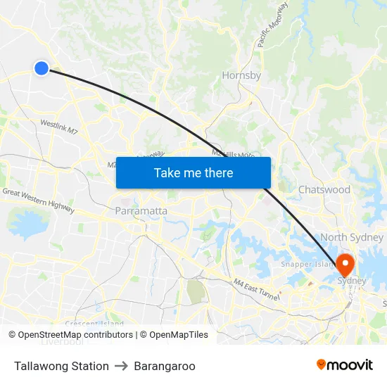 Tallawong Station to Barangaroo map