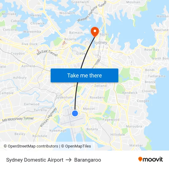 Sydney Domestic Airport to Barangaroo map