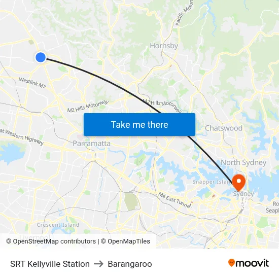 SRT Kellyville Station to Barangaroo map