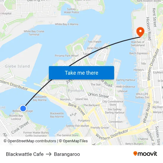 Blackwattle Cafe, Glebe NSW 2037 to Barangaroo map