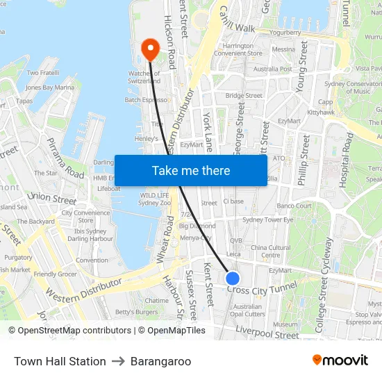 Town Hall Station to Barangaroo map