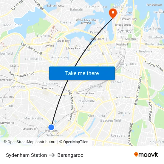 Sydenham Station to Barangaroo map