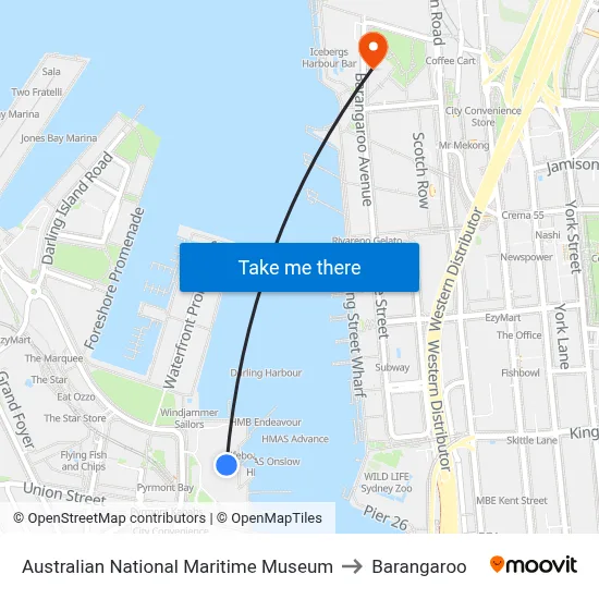 Australian National Maritime Museum to Barangaroo map