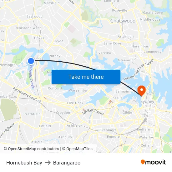 Homebush Bay to Barangaroo map