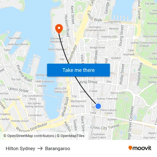 Hilton Sydney to Barangaroo map