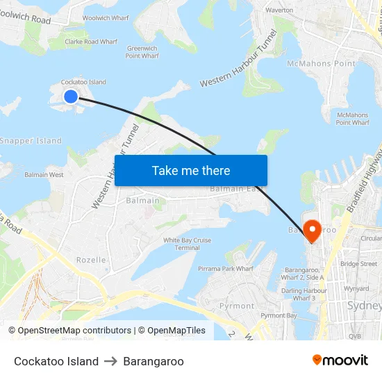 Cockatoo Island to Barangaroo map