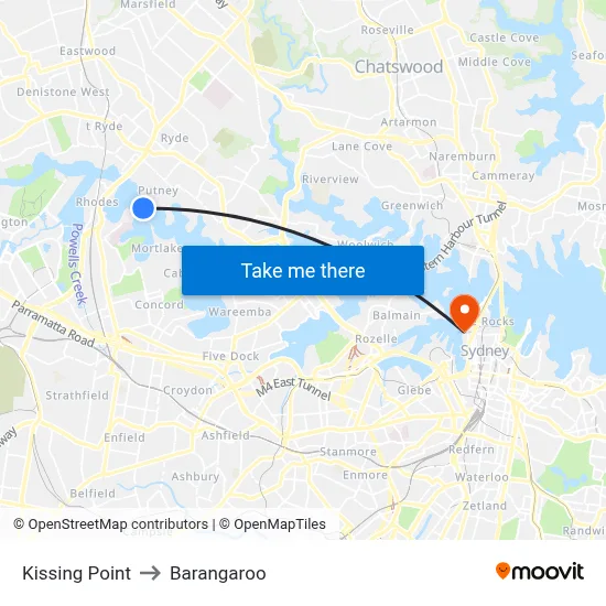 Kissing Point to Barangaroo map