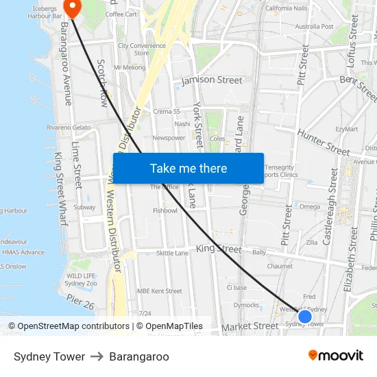 Sydney Tower to Barangaroo map