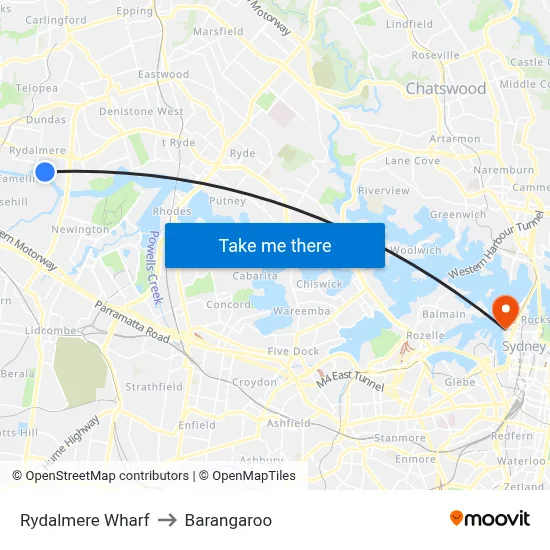 Rydalmere Wharf to Barangaroo map