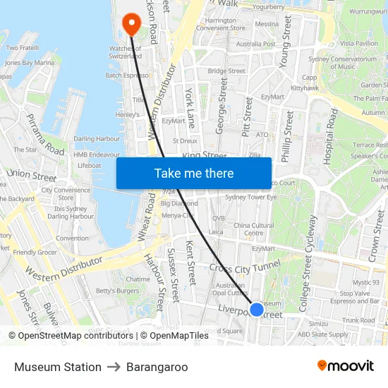 Museum Station to Barangaroo map