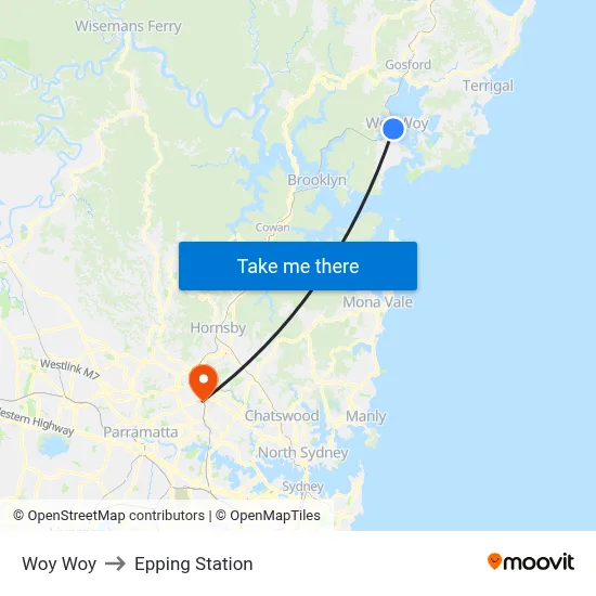 Woy Woy to Epping Station map