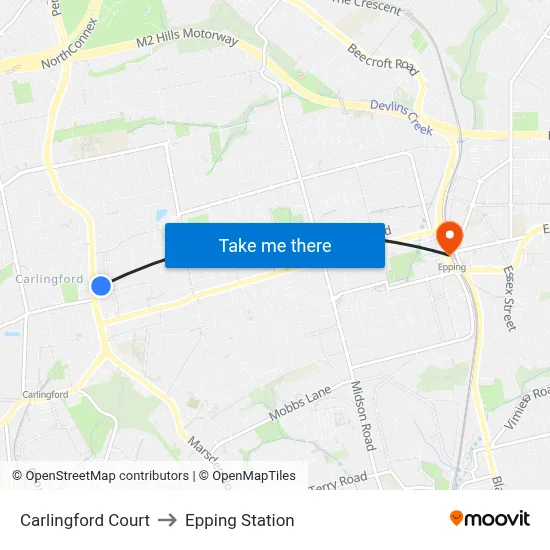 Carlingford Court to Epping Station map