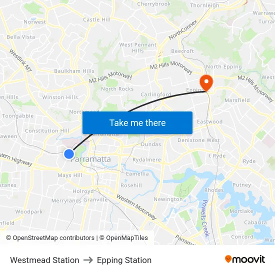 Westmead Station to Epping Station map