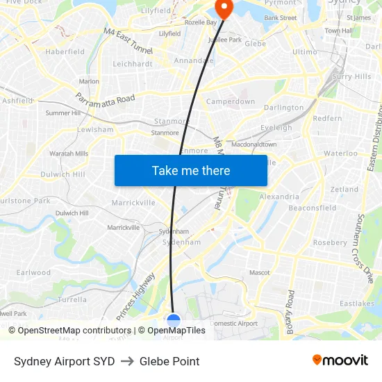 Sydney Airport SYD to Glebe Point map