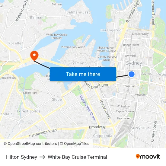 Hilton Sydney to White Bay Cruise Terminal map