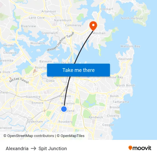 Alexandria to Spit Junction map